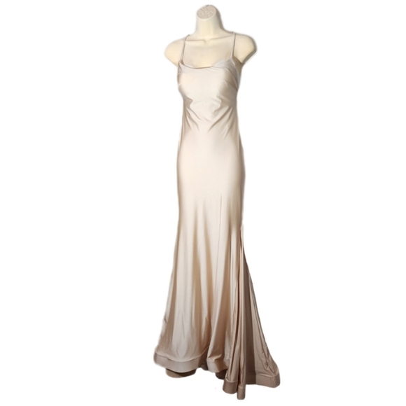 iNtrigue By Blush Dress Satin Jersey Fabric Strappy Back Champagne Size 0 - Picture 5 of 14